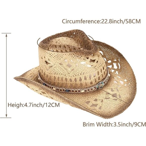 Women\'s Beige Straw Cowgirl Woven Western Two Decorative Bands Sun Hat main image 4